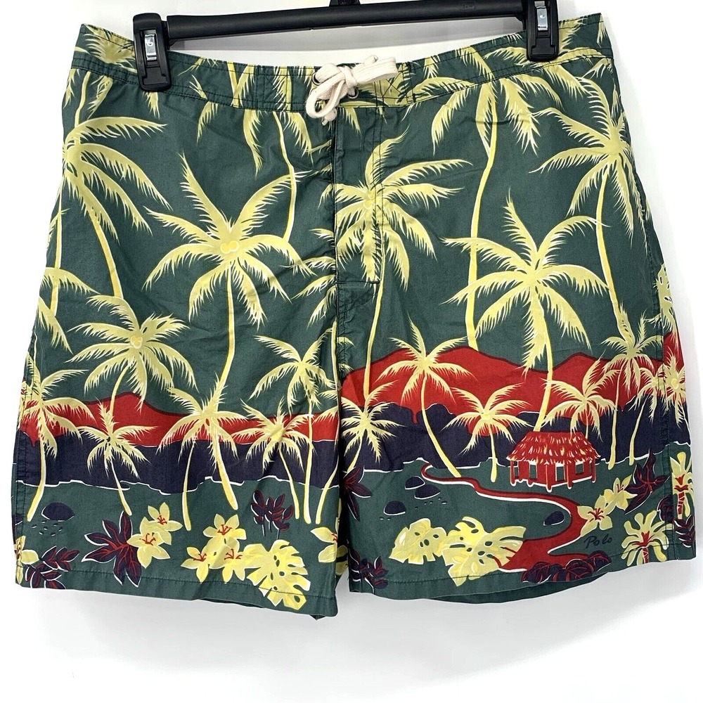 Polo Sport Ralph Lauren Swim Trunks Mens 36 Green Tropical Hawaiian Palm Tree